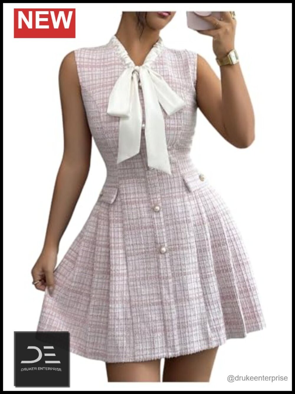 Women's Tweed Bow Tie Neck Pleated A-Line Mini Dress